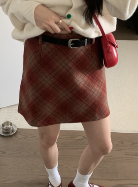 CHERRY樱桃家 STUDIO-红菱格呢料短裙包臀裙半身裙(配腰带)63350