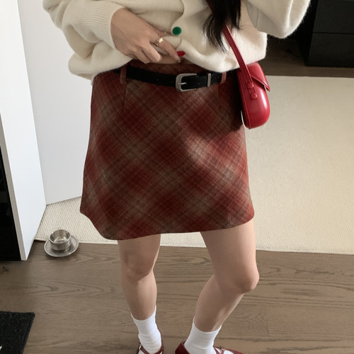 CHERRY樱桃家 STUDIO-红菱格呢料短裙包臀裙半身裙(配腰带)63350