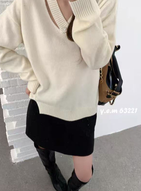 依尔美-26年早春温柔奶油色V领休闲保暖毛衣（含100绵羊毛）63221