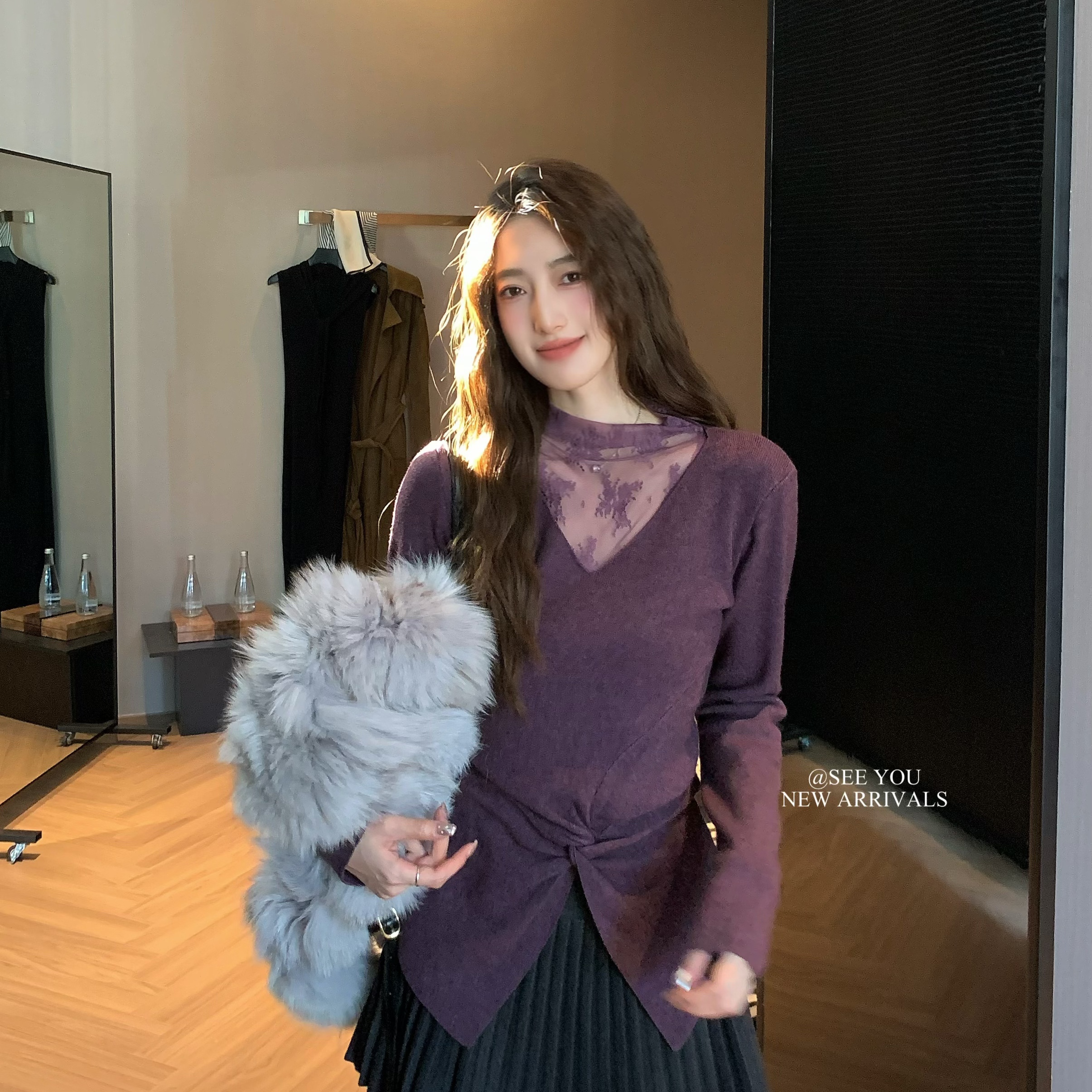 SEE YOU-C位显瘦秋冬气质纯欲蕾丝堆堆领修身打底针织衫C238LC238