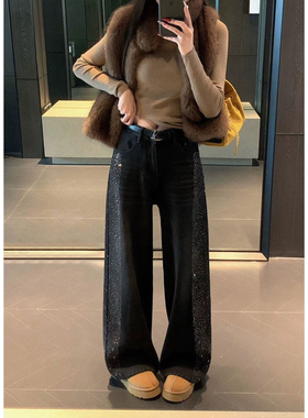 林哈哈 studio-合金烫钻超闪牛仔女高腰直筒宽松显瘦牛仔裤37230