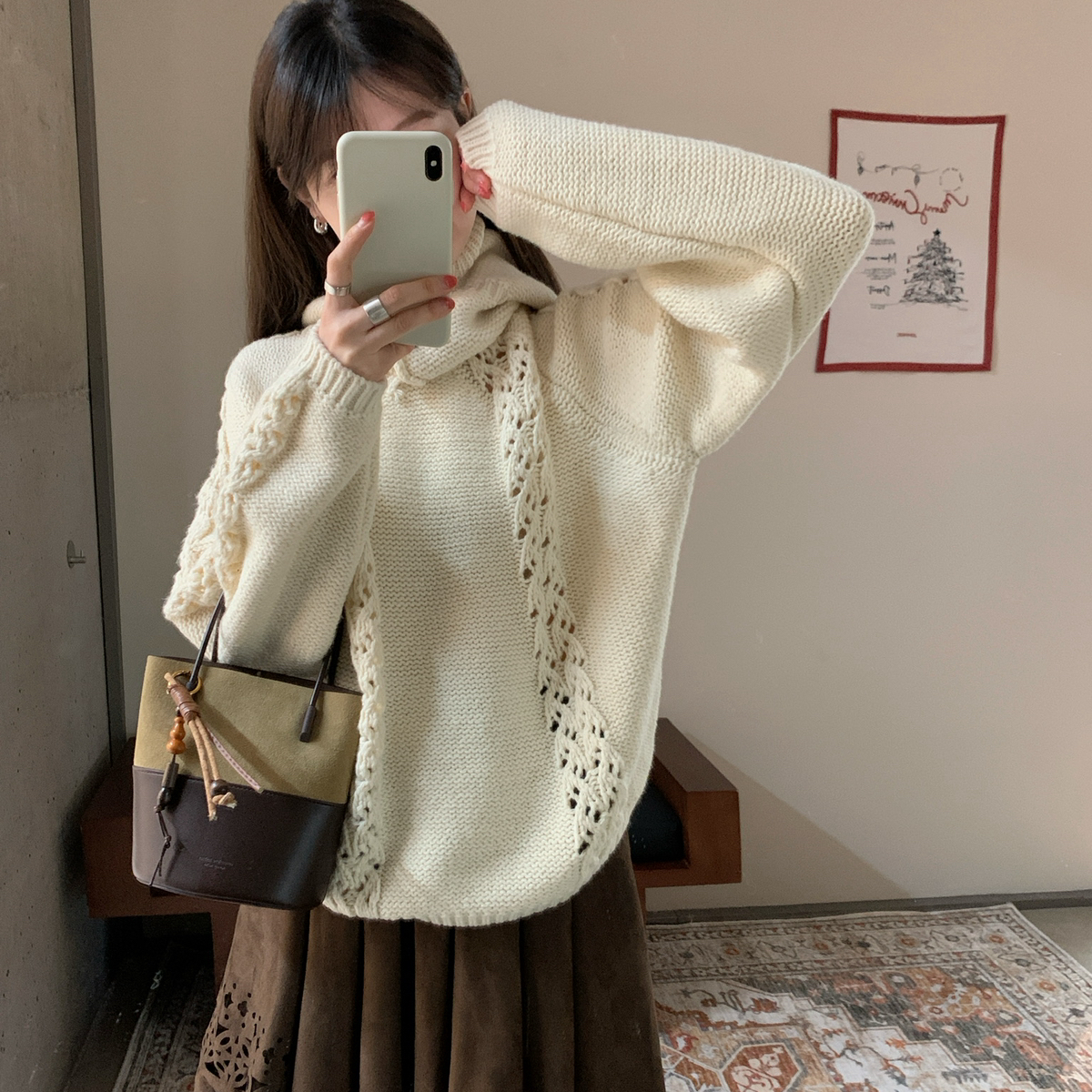 Already Full-慵懒风双麻花系扣帽子加圆领毛衣两件套毛衣8825193