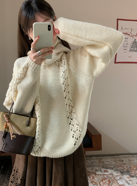 Already Full-慵懒风双麻花系扣帽子加圆领毛衣两件套毛衣8825193