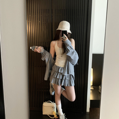 Y.JIA 伊嘉-长袖衬衫+吊带背心+高腰拼接蛋糕裙短裙套装Y26-8827