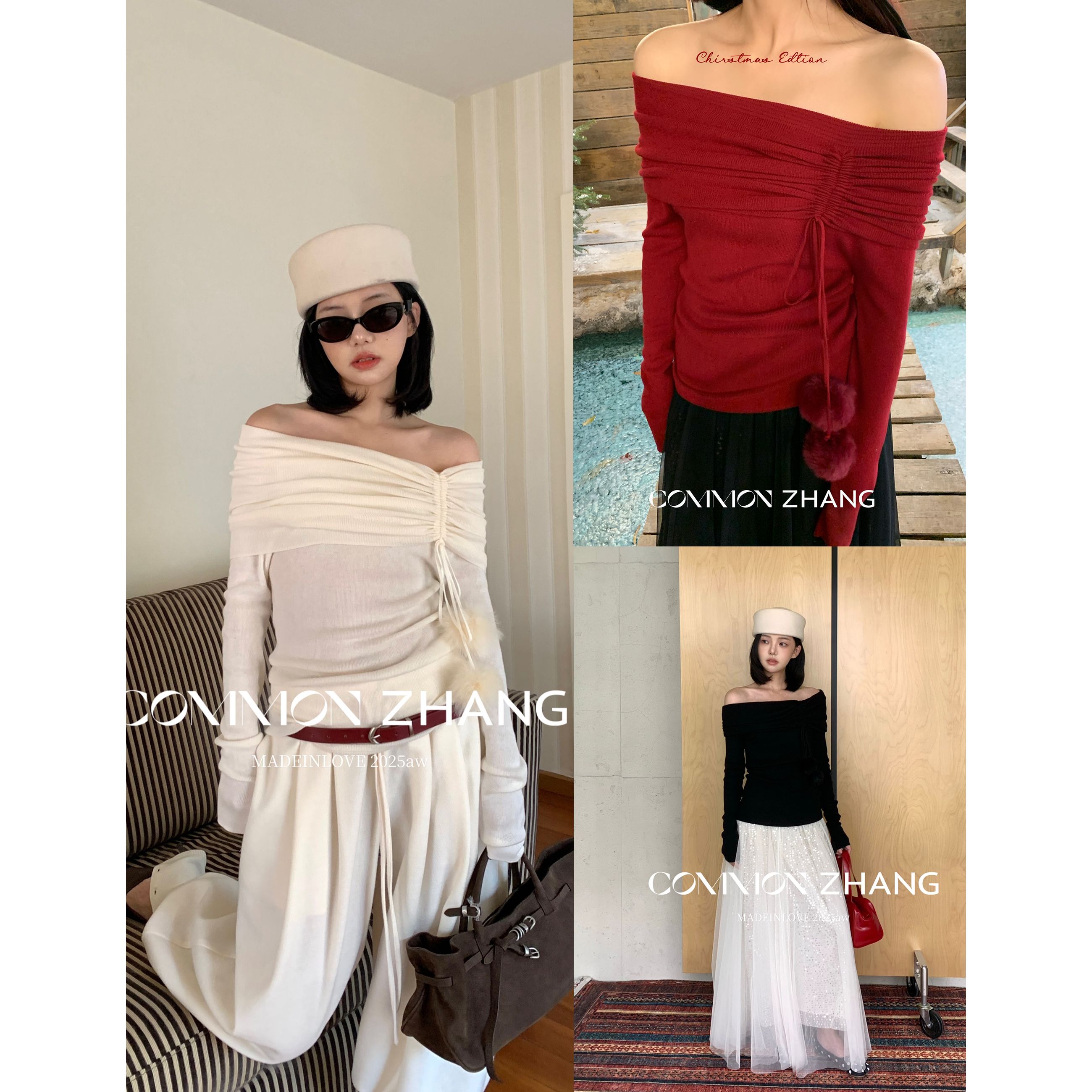CZ ZHANG-辣妹绝美一字肩氛围感系带显瘦保暖毛衣（含羊毛）45320