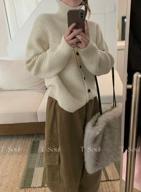 T-Soul-冬上新复古高领单排扣宽松保暖毛衣121514