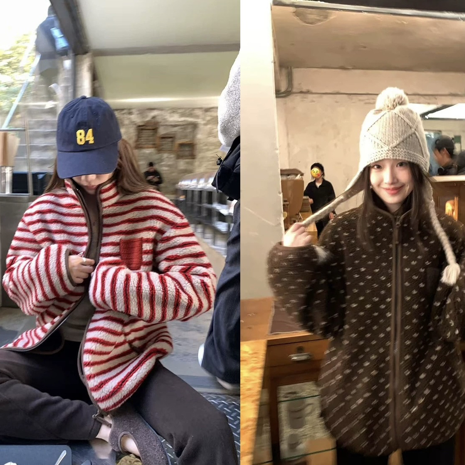 Y.JIA 伊嘉-派条纹摇粒绒毛绒宽松立领羊羔毛厚外套短外套7870-55