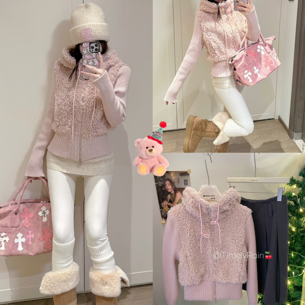 TimelyRain  及时雨-子设计感毛毛拼接针织保暖连帽短外套P-7852