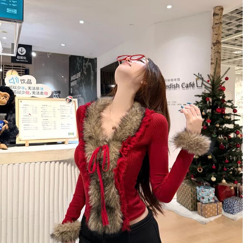 JULIA-26年早春纯欲毛毛拼接上衣小衫(不可拆毛领)12929