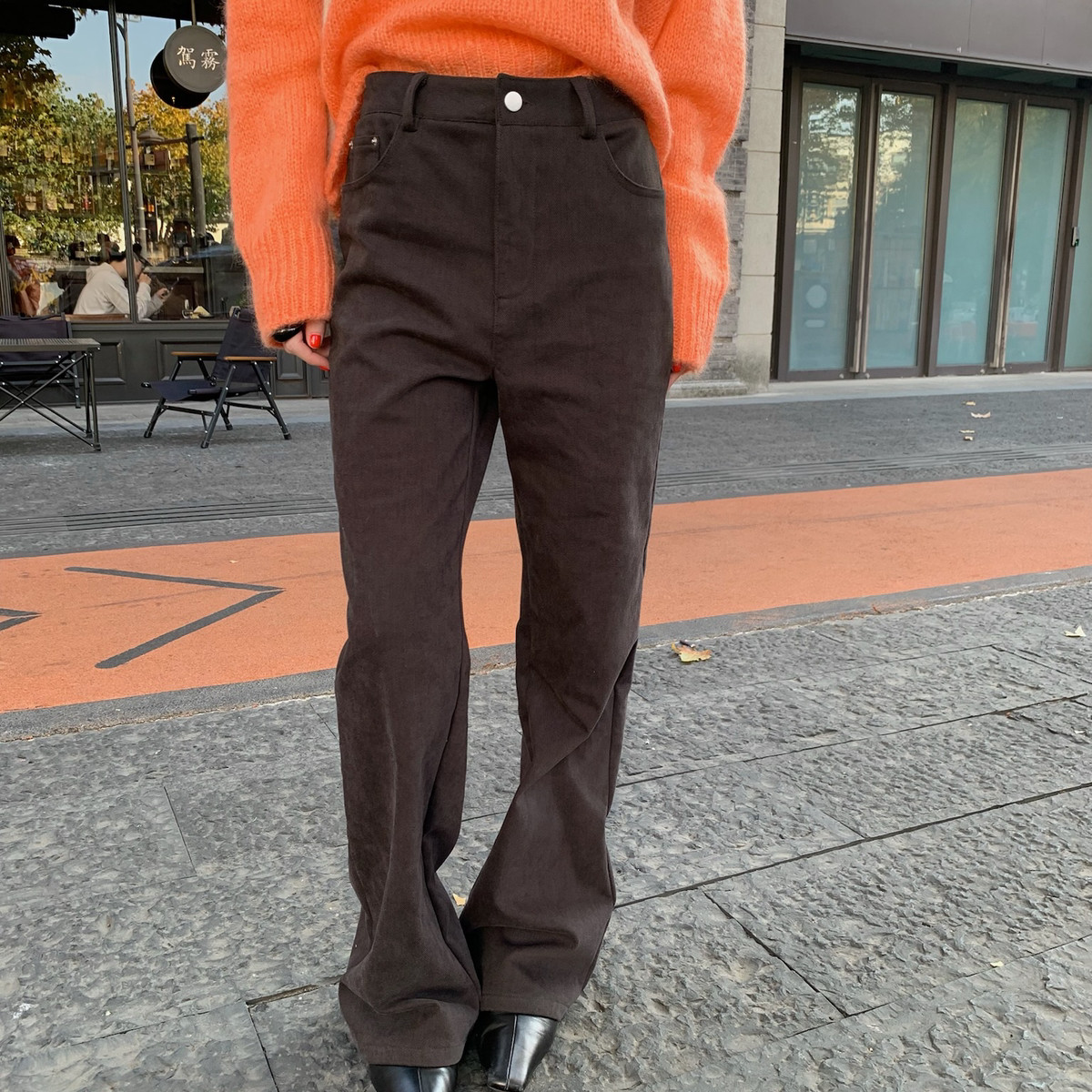 TABLE-棕咖色高腰遮肉显瘦微喇裤大长裤穿搭加绒加厚牛仔裤36255