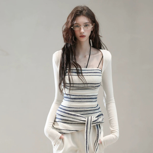 Simida斯密达-冬上新坎肩拼接条纹毛绒打底衫(配披肩)S8225#