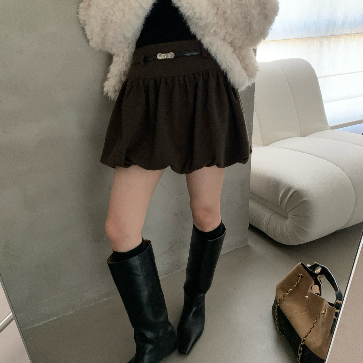 TE-十足超绝显比例保暖毛呢花苞半身裙(配腰带)（含10羊毛）TS452