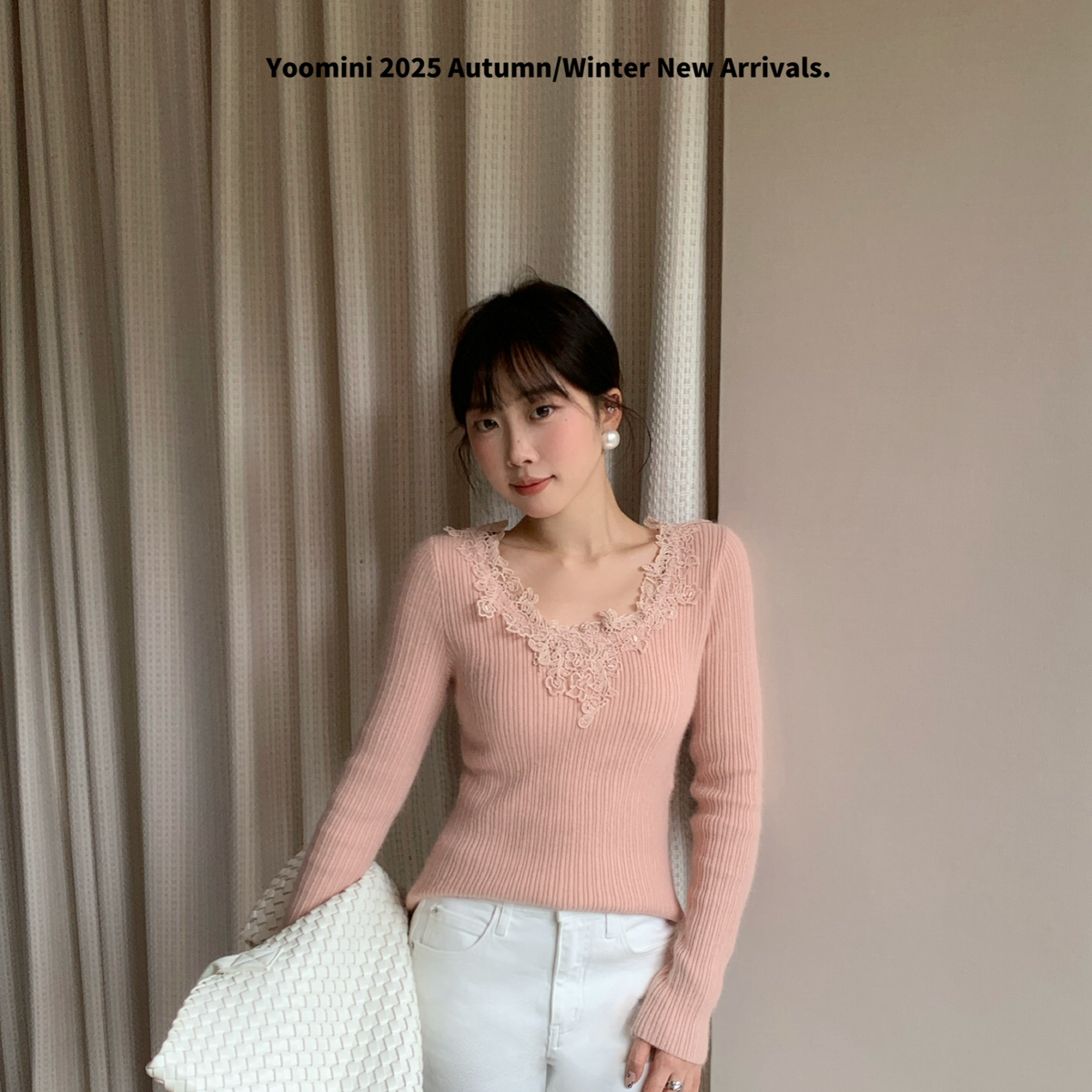 YOOMINI-花边优雅修身打底衫2025冬针织衫（含15浣熊绒）Y11234-D