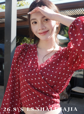 LS-26年早春上新别致时尚复古设计感系带收腰显瘦气质小衫22995