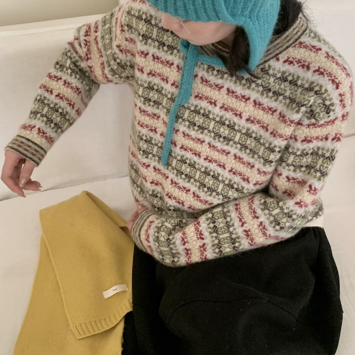 MUUTIS牧缇-条纹印花圆领套头贝熊绒保暖毛衣（含75绵羊毛）ZHF32