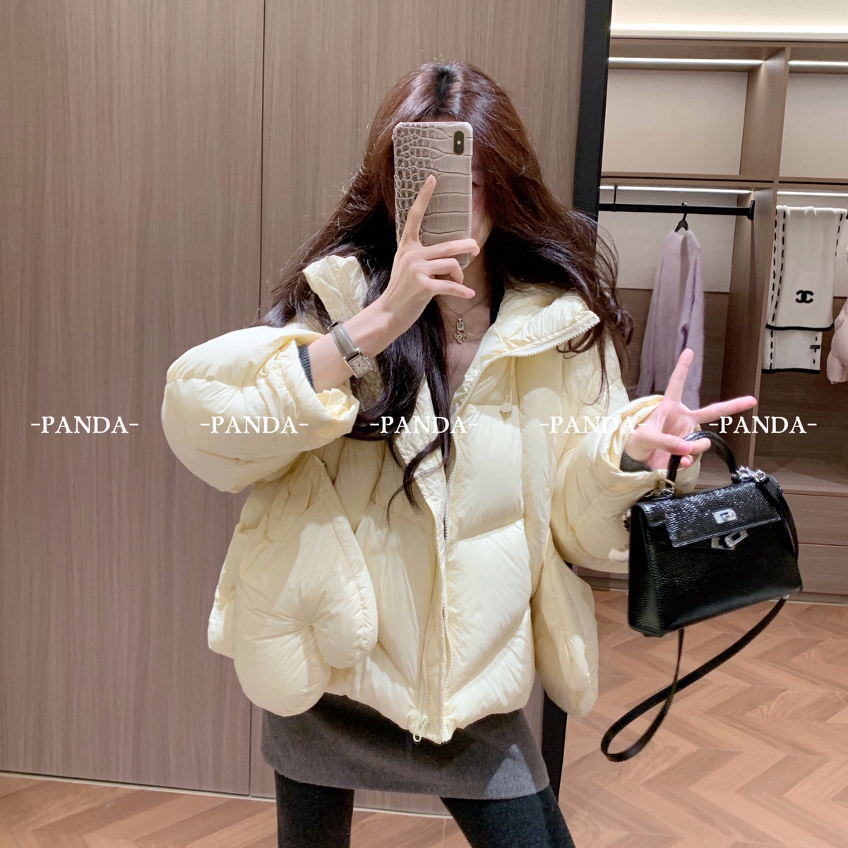 PANDA-版型+连帽设计保暖又藏肉保暖羽绒服外套(配可拆卸手套)160