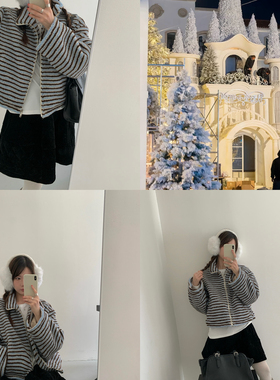 Already Full-韩系简约宽松条纹羊羔毛拉链外套小个子短外套68120