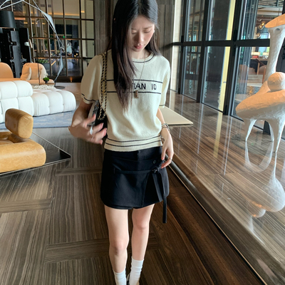 TABLE-绣圆领小香风气质针织衫短袖打底上衣法式显瘦短袖T恤3875