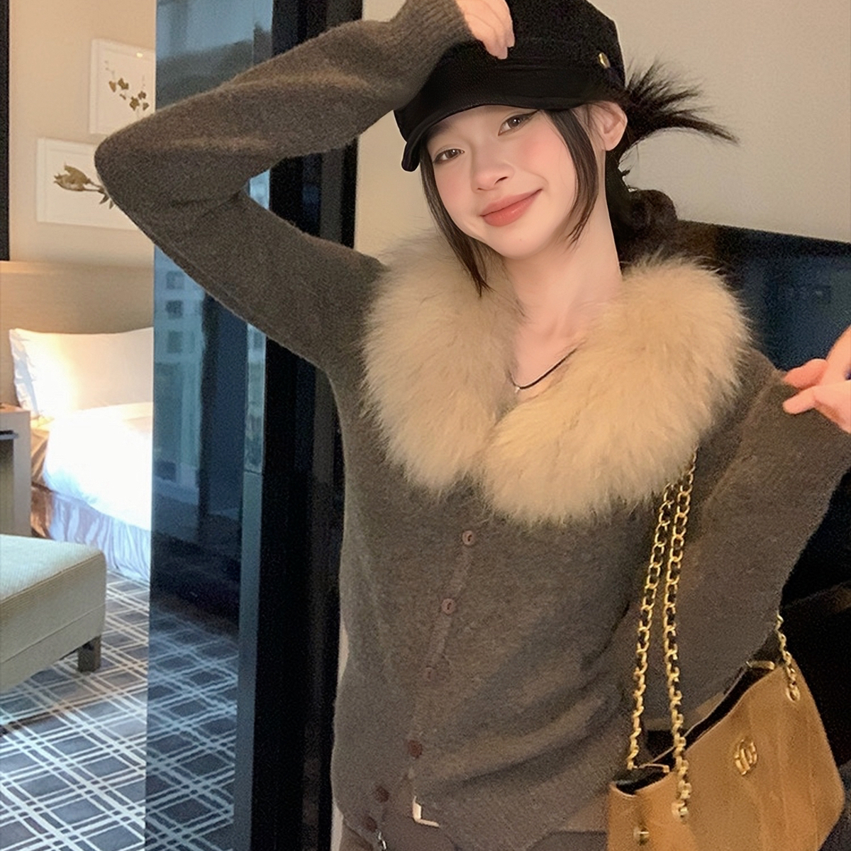 TimelyRain  及时雨-众法式设计感毛毛领显瘦百搭保暖毛衣Qa-5087