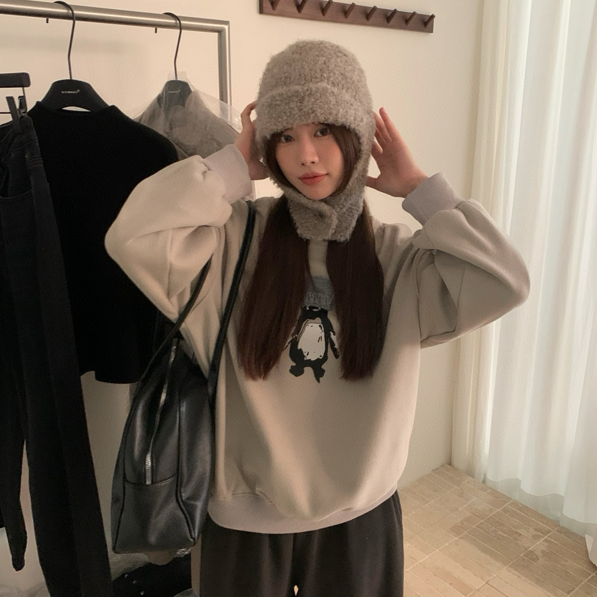 想象SAILORMOON -品立体毛线帽企鹅小企鹅印花加绒套头卫衣63703