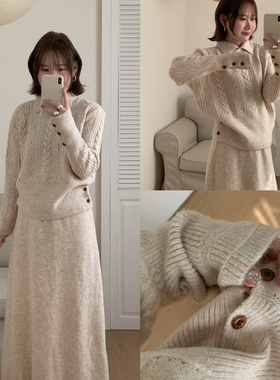 Flower & April-绞花毛衣+女冬季高腰显瘦半身长裙两件套装90035
