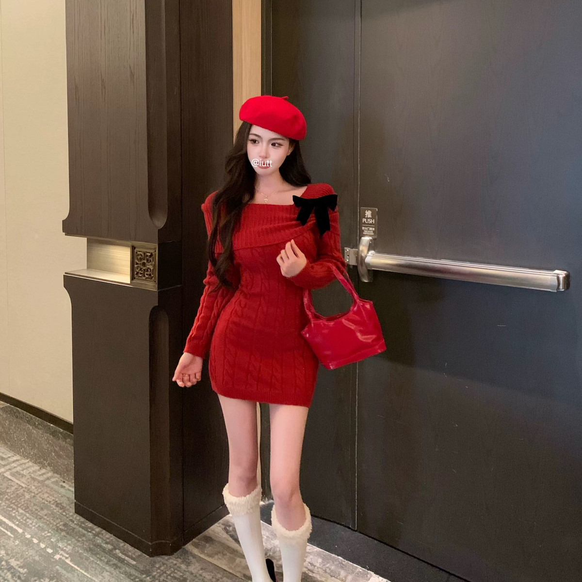 RM.HH-袍方领蝴蝶结麻花修身显瘦加厚针织连衣裙(配蝴蝶结)a3920