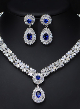 华丽宝蓝色宝石锆石项链两件套礼服配饰晚宴新娘结婚首饰演出影楼