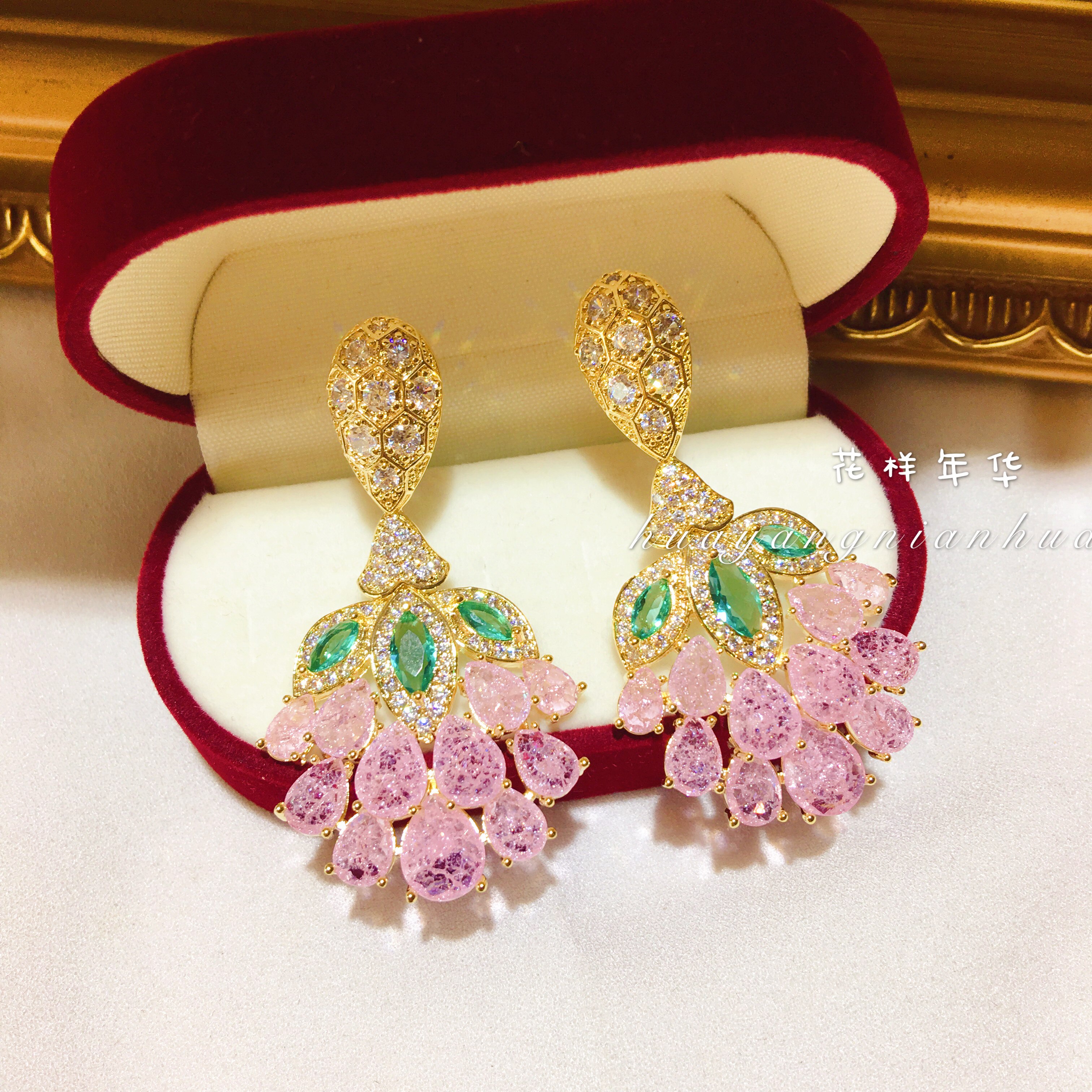 粉色轻奢微镶重工水晶锆石耳环新款潮高级冰花s925银针气质女耳饰