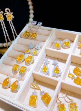 黄色超闪镶钻气质高级设计感锆石奢华长款大耳环2022新款潮网红女