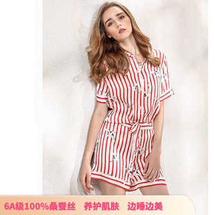 式 真丝条纹睡衣套装 衬衫 上衣短裤 两件桑蚕丝条纹睡衣 女夏印花短袖