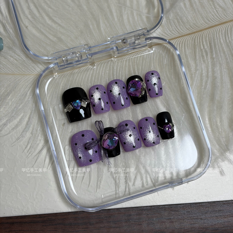 纯手工穿戴甲短梯韩系温柔紫色波点黑紫猫眼搭配蝴蝶结百搭休闲款