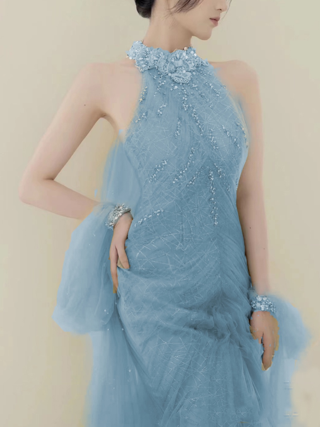 Haze Blue Host Dress Heavy Workers Beads Mermaid Skirt Light luxury Gao Dingjun Conference Conference Hanging Near Model Show Haze Blue Host Dress Heavy Workers Beads Mermaid Skirt Light luxury Gao Dingjun Conference Conference Hanging Near Model Show