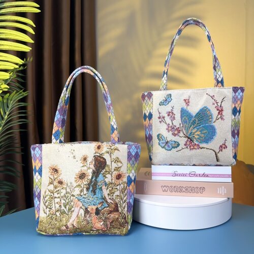 帆布包新款双面金丝提花绣手提包百搭女士休闲包便携拼菱格便当包