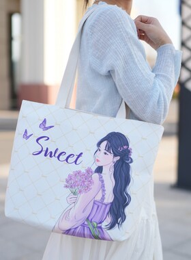 2025时尚帆布包新款大容量单肩包紫色印花百搭通勤包女休闲妈咪包