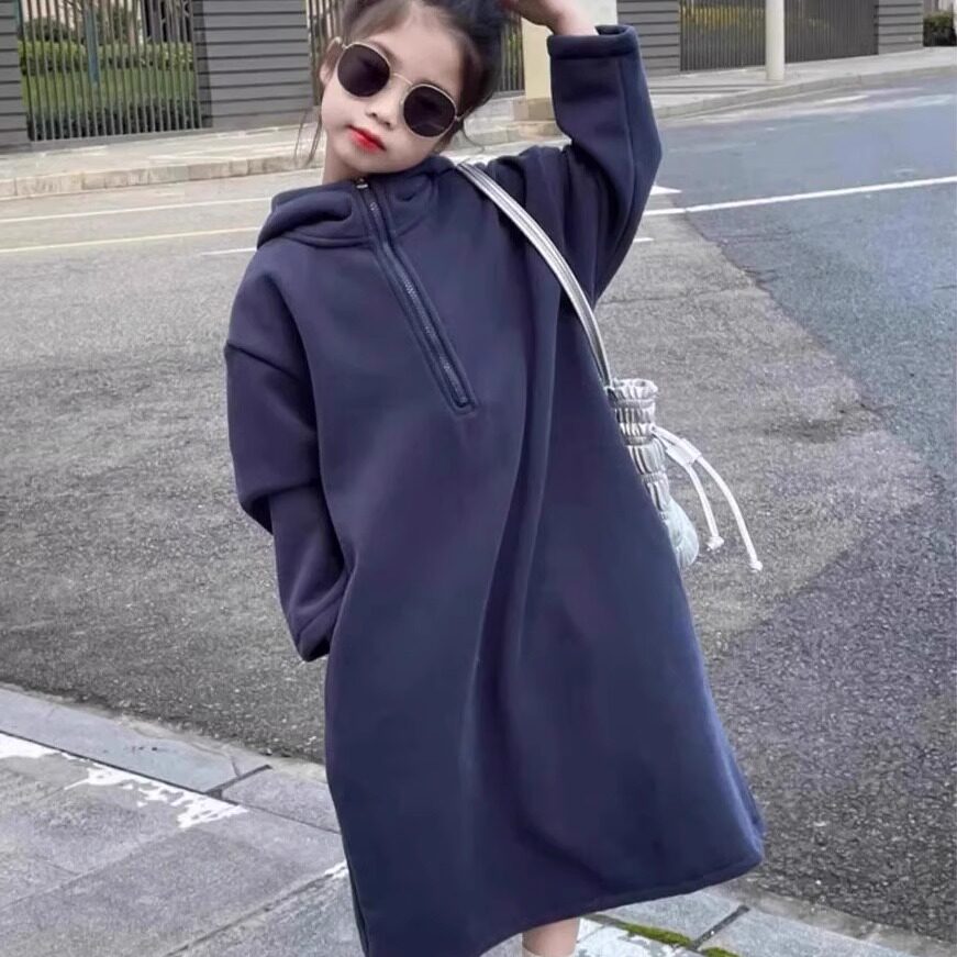 2025女童连帽拉链长款卫衣外套