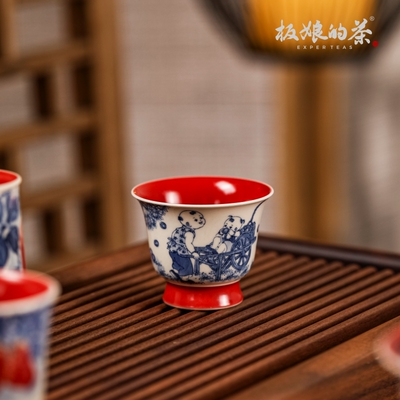 景德镇高温陶瓷雨香斋宫墙红青花送财童子铃铛杯40ml茶杯茶具茶器