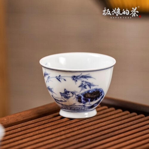 景德镇陶瓷青花小酌斋手绘耄耋猫咪主人杯70ml瓷器茶具茶道茶杯