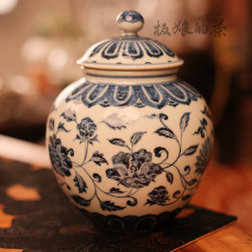 板娘的茶 焱谷青花手绘四季花卉将军罐盖茶叶罐 高16cm