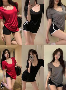 纯欲u领宽松垂感基础上衣女装夏季2024新款灰色莫代尔显瘦短袖T恤