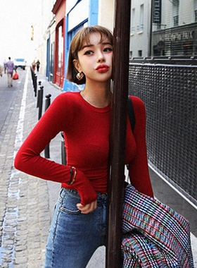 当天发 MISS WU 一直想要的红色 显身材长袖T恤打底衫秋AT653囡