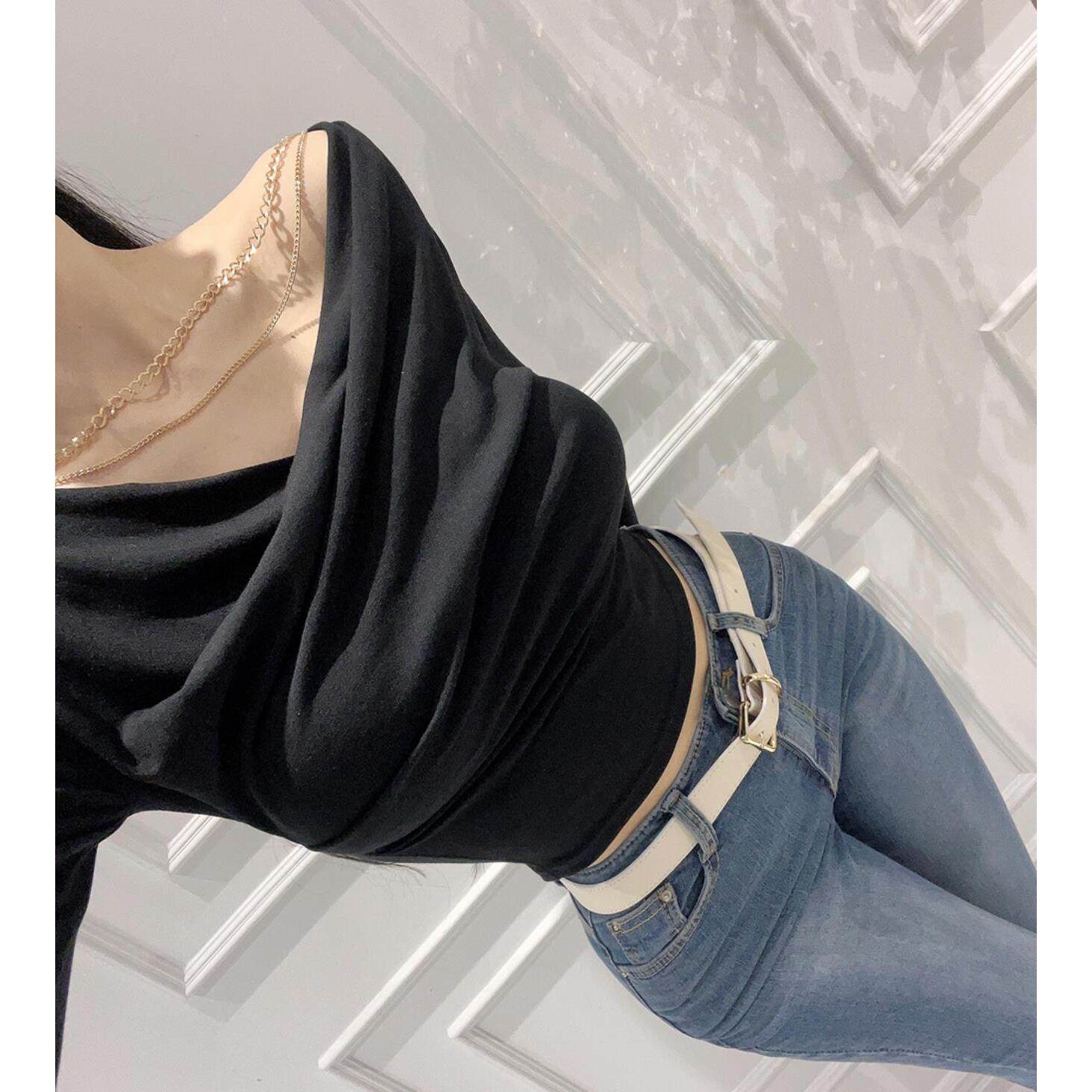 MISS WU锁链可拆卸紧身长袖体恤显身材褶皱性感收腰短款T恤