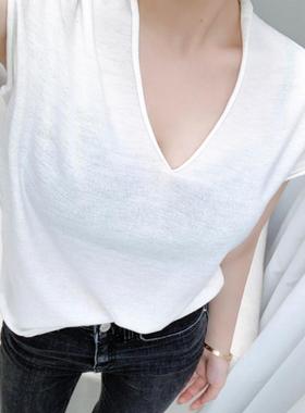 MISS WU韩系慵懒感微透白色V领修身纯色简约针织体恤优雅气质上衣