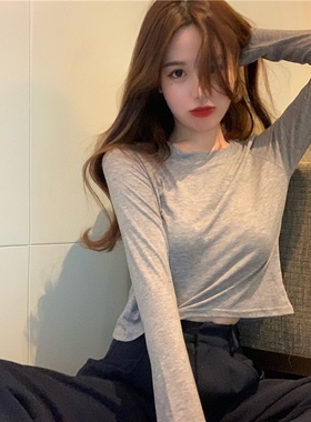 橙色上衣女橙色短款t恤2024年新款百搭春秋修身长袖打底衫内搭潮