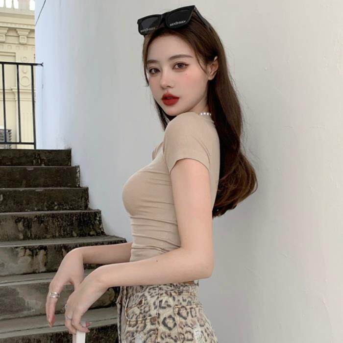 ins潮百搭简约短袖大弹力裸色上衣女高腰短款紧身显瘦肤肉色T恤薄