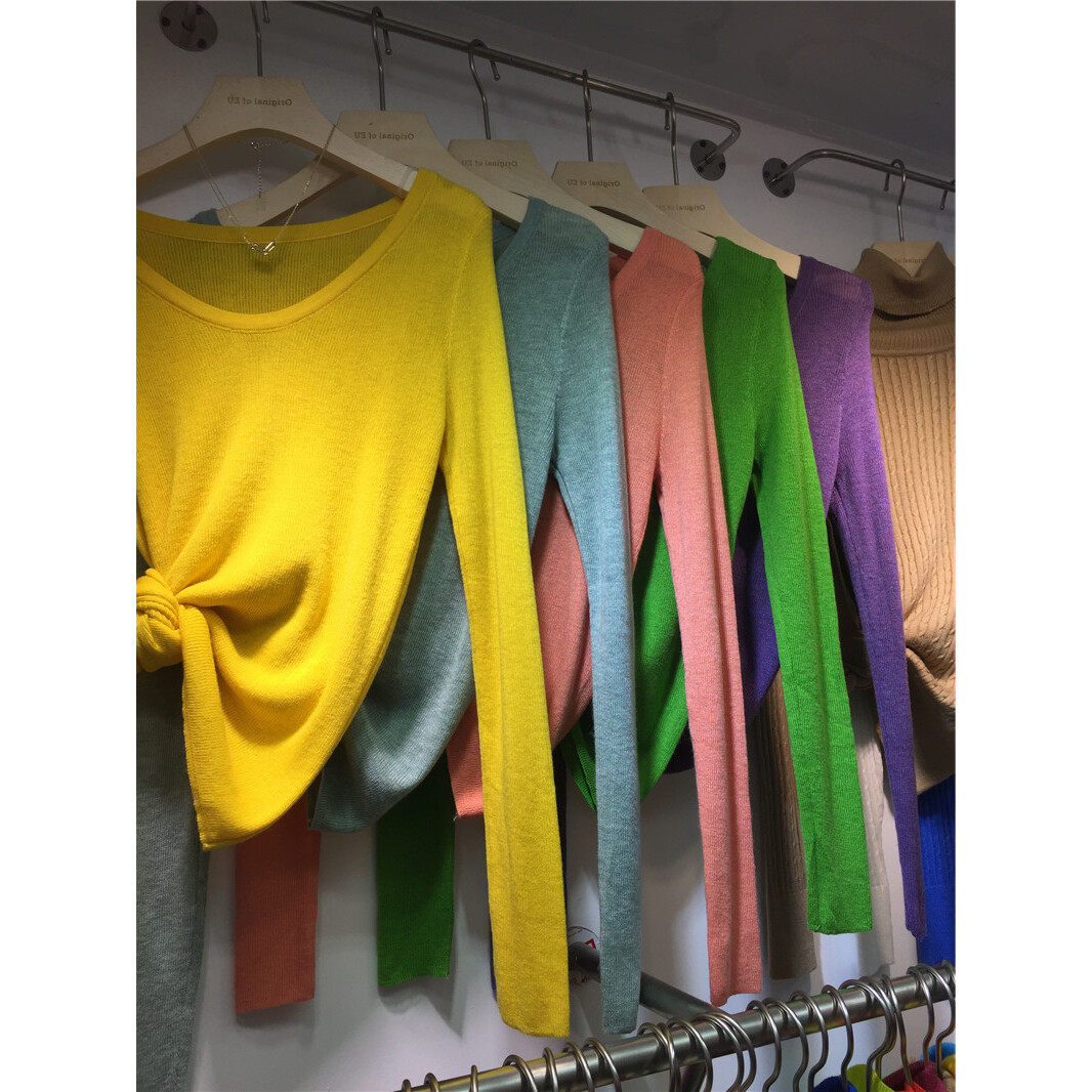 欧洲站秋季新品糖果色u领显瘦针织衫女修身长袖软儒羊绒打底上衣