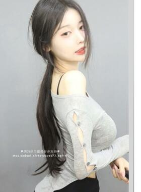 当天发 MISS WUME176气质女人味~露肩镂空袖紧身长袖T恤