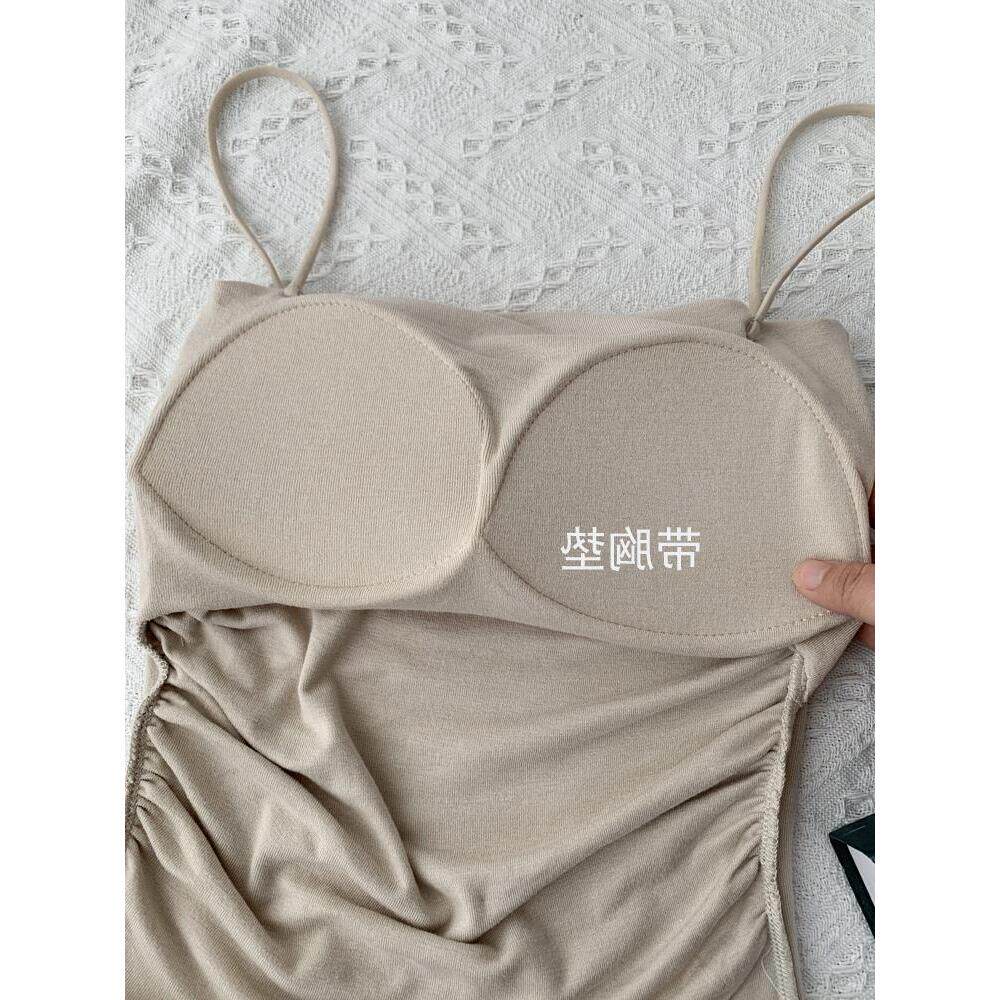 miss wu 纯欲显胸大吊带背心女内搭外穿带胸垫腰部皱褶夏季上衣