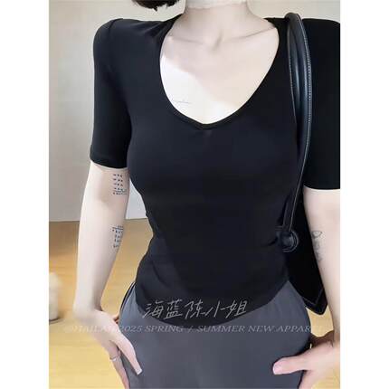 极简高级 夏季后背镂空v领中袖t恤女韩版设计感小众修身显瘦上衣