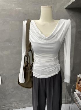 MISS WU 韩版荡领长袖T恤打底衫女黑色修身显瘦上衣秋装新2024