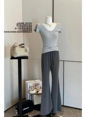 纯欲又百搭～韩版灰色V领简约修身短袖T恤基础款打底衫上衣夏季